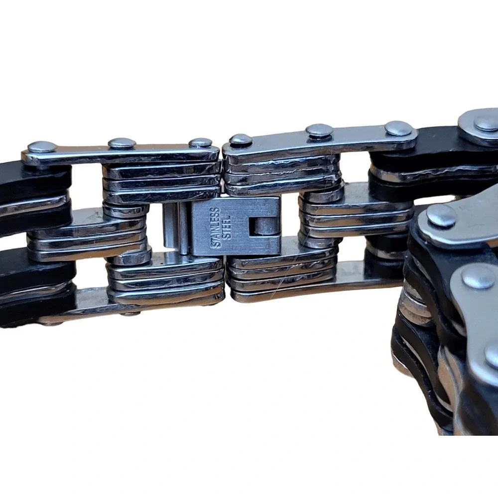 Men's Silver Stainless Steel Motorcycle Bike‎ Chain Link Bracelet Black Accents